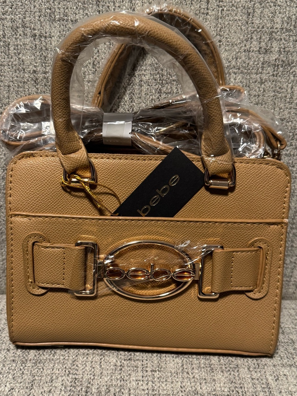 bebe Tan Mini Leilani Bag with Gold Hardware
